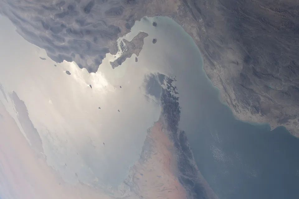 View from the International Space Station of the Strait of Hormuz, a narrow waterway between Iran and the Arabian Peninsula, dotted with islands.
